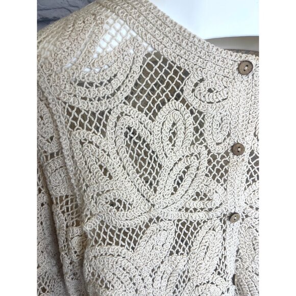 Boho Knit Cardigan Sweater Beige Size MED Ladies Crochet Button Down - Picture 3 of 7